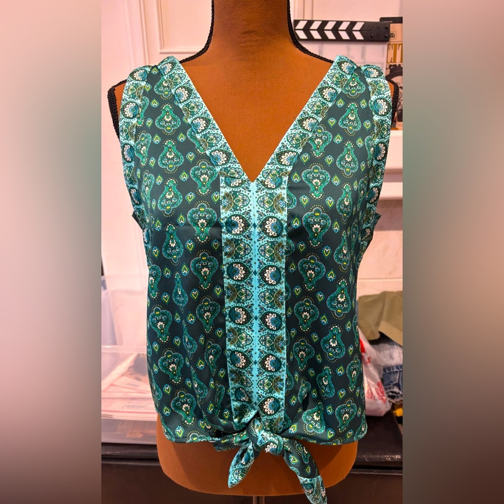 LOFT Teal Paisley Print V-Neck Tie-Waist Camisole - Picture 2 of 11